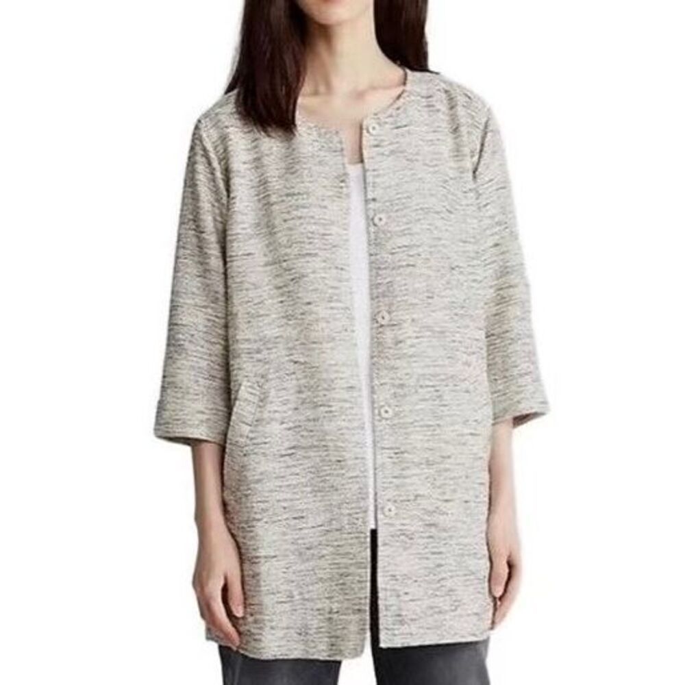 Eileen Fisher Textured Knit Button Front Coat Cardigan Jacket Size Large Grey